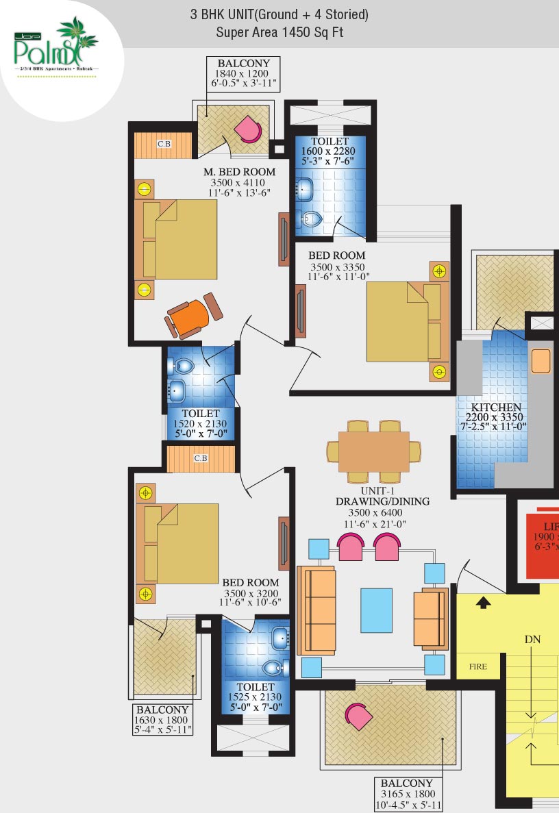 3 BHK UNIT (Ground + 4 Storied)